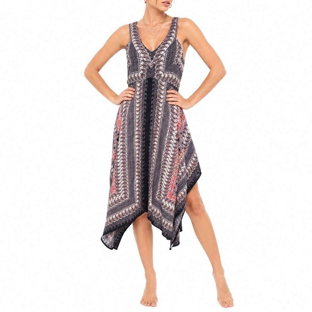 Marisol Midi Dress Womens Large Navy Blue Paisley Handkerchief Hem Boho Festival